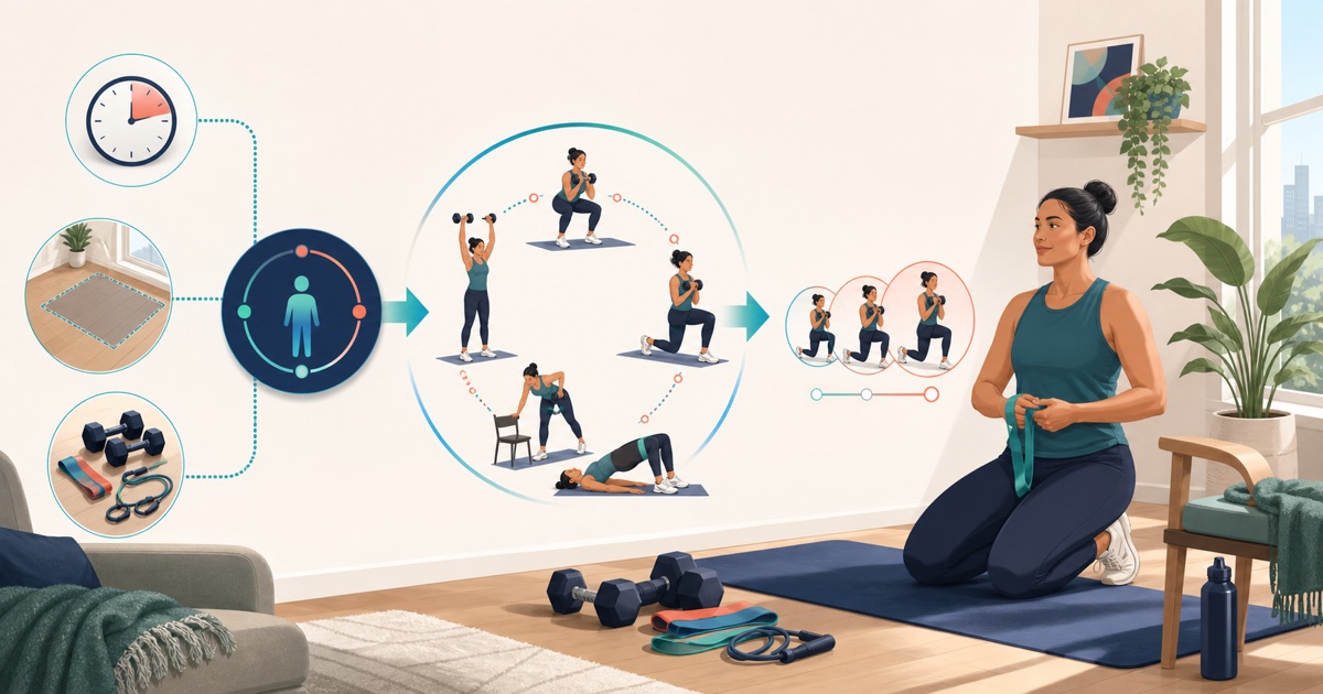 Illustration showing time, floor space, and home equipment becoming a progressive AI-planned workout