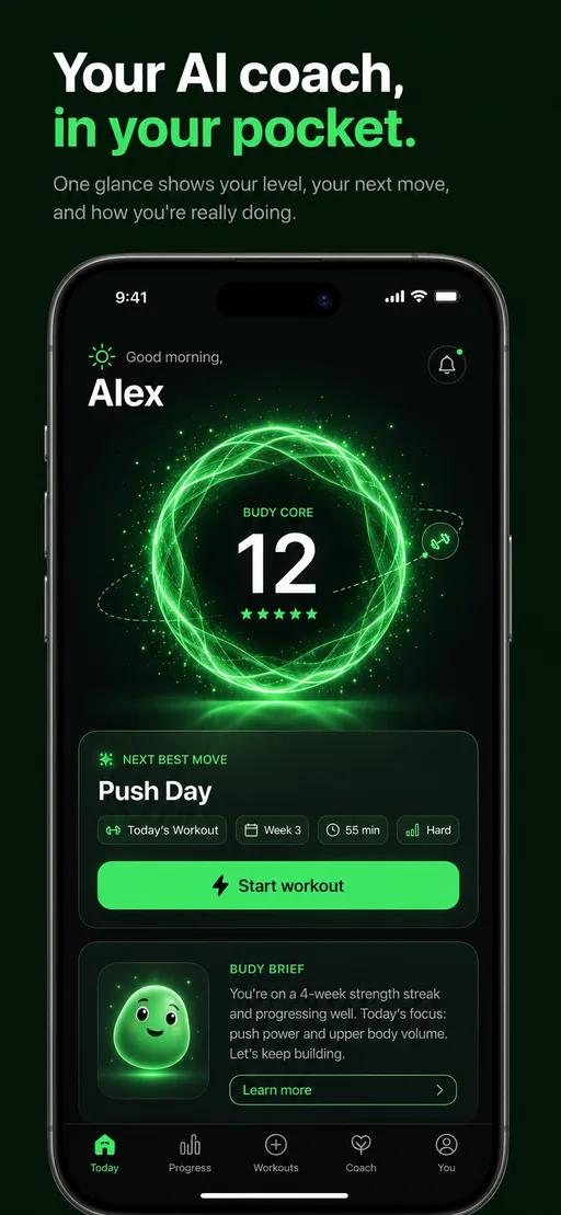 iOS Budy mobile app AI coach dashboard with daily workout plan context