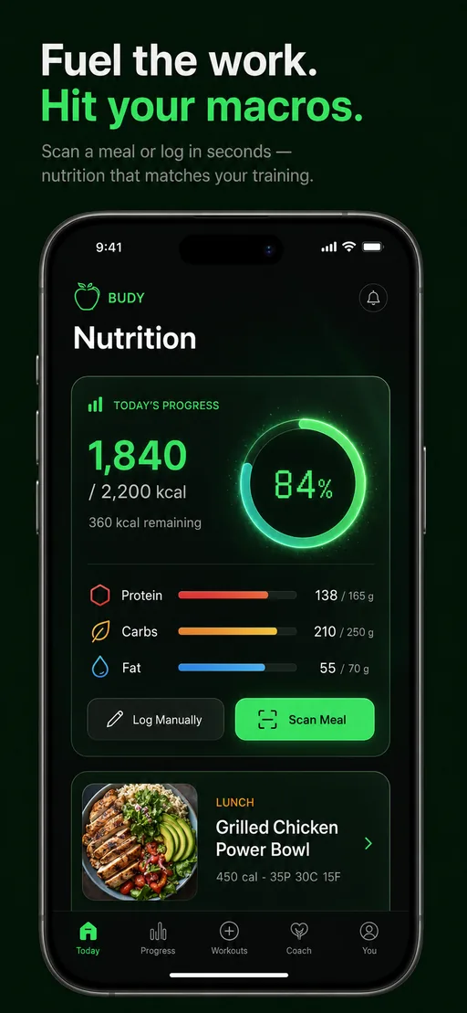 iOS Budy mobile app nutrition dashboard with macro and meal context