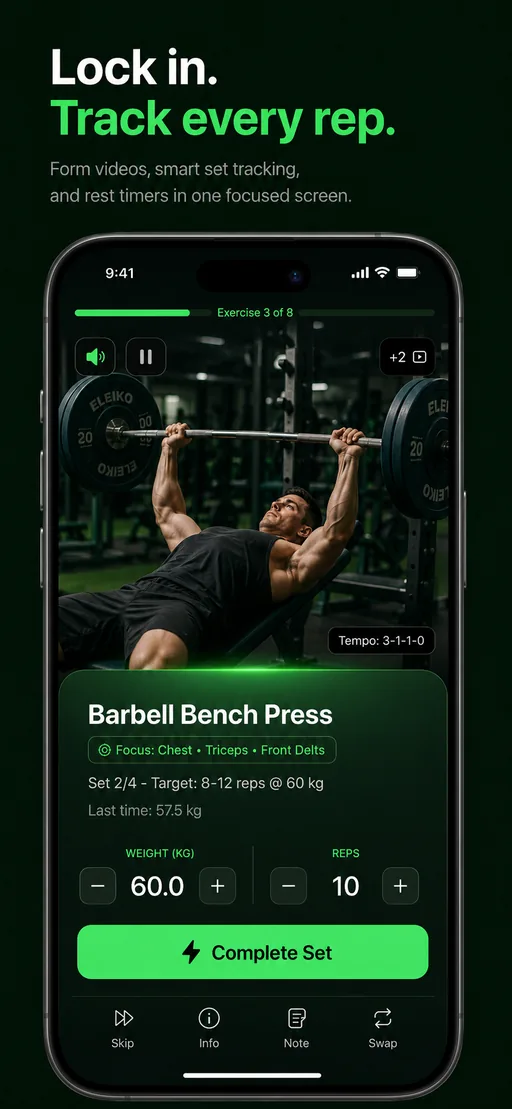 iOS Budy mobile app workout tracking screen with exercise set logging